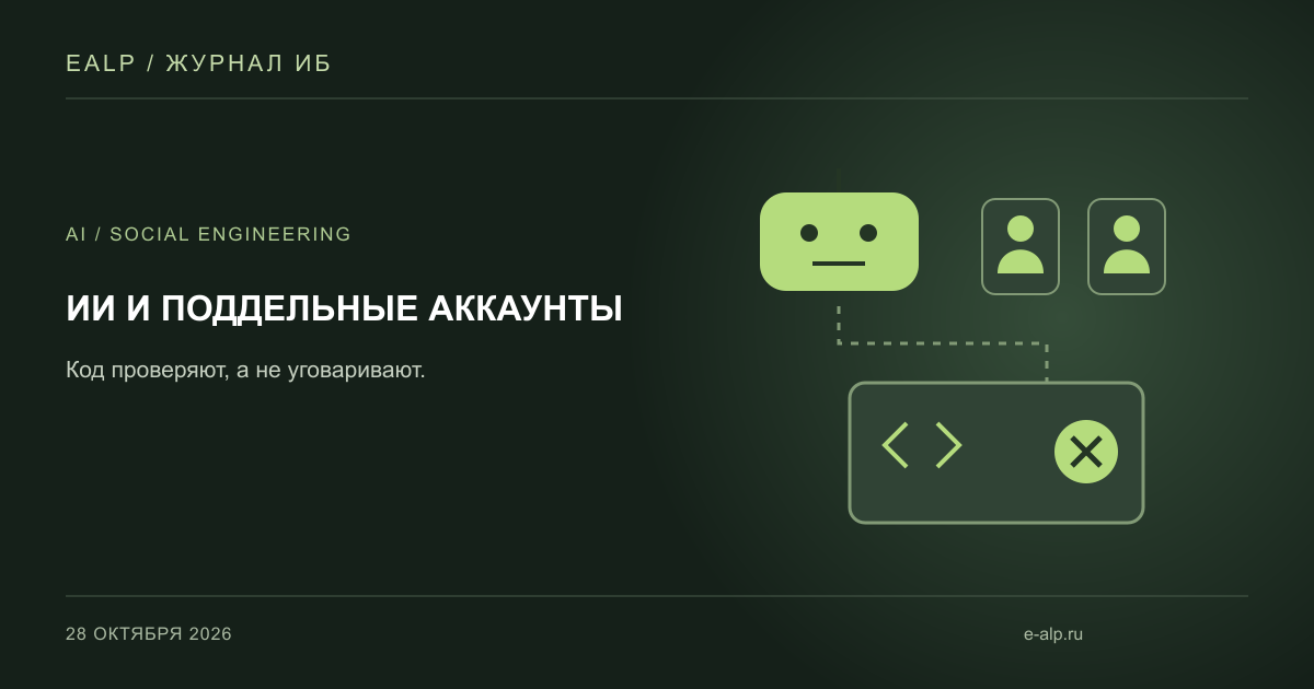 Редакционная иллюстрация: ИИ-агент и фальшивые профили перед проверкой изменения кода